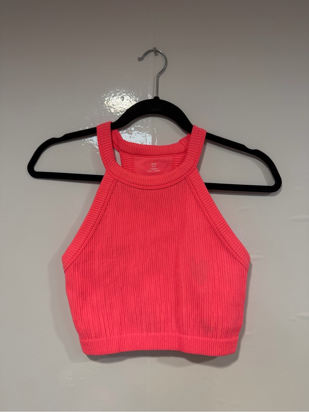 Ribbed Aerie High-Neck Crop Tank Top - Neon Pink